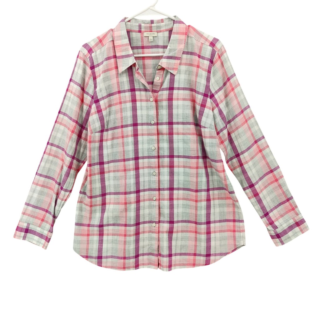 Talbots Women Preppy Classic Plaid Button Down Shirt Large Pink Purple Cotton